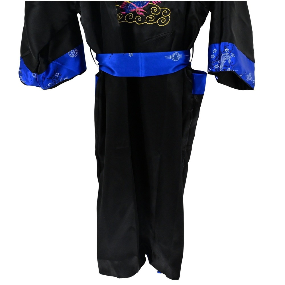 VTG Reversible Phoenix Dragon Kimono Robe Silk Satin Black Blue Pristine Boho - Picture 11 of 15